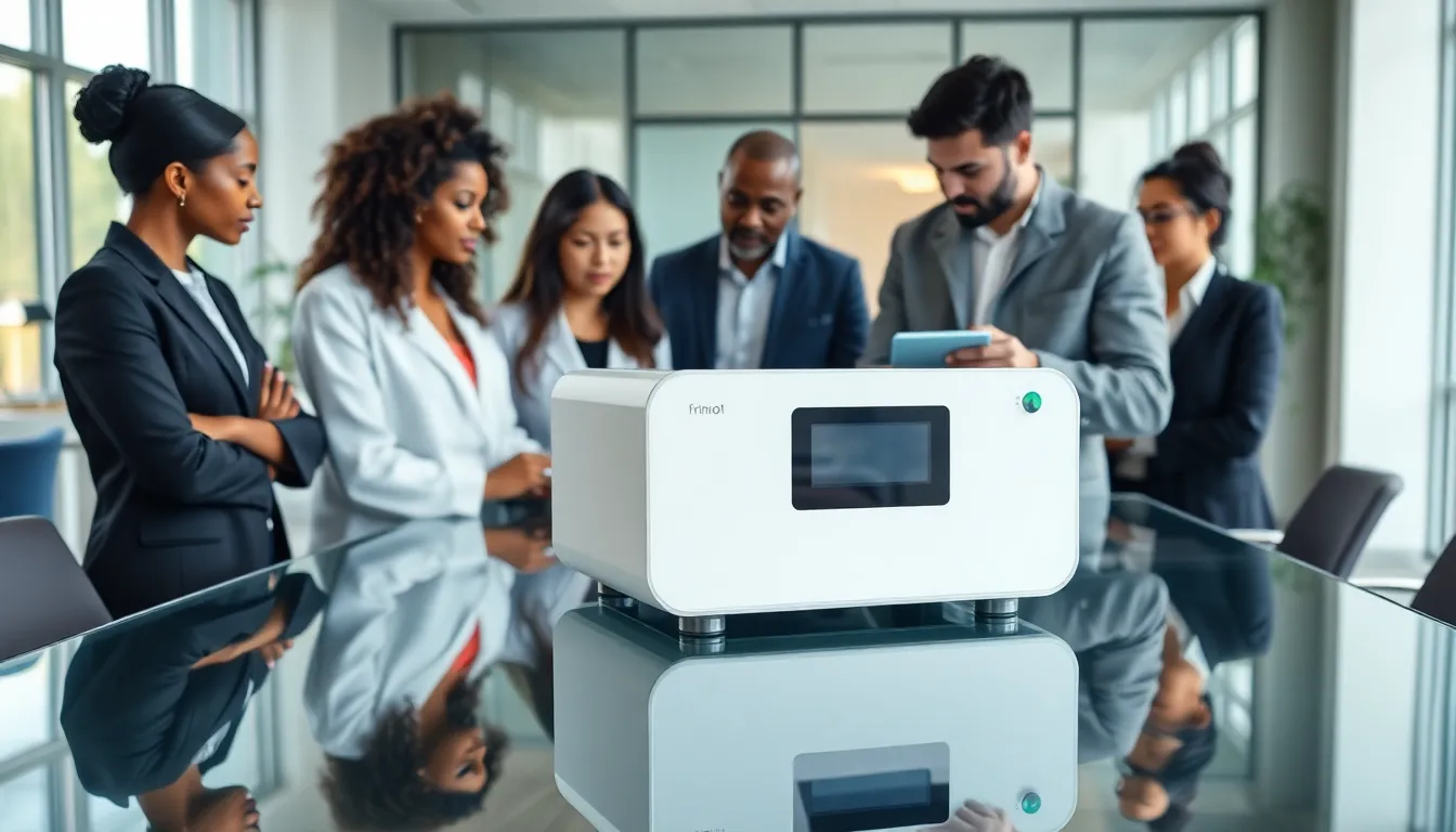 diverse professionals discussing the Frimiot10210.2 model in a modern office.