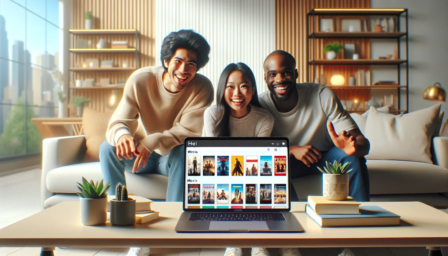 diverse users exploring a movie website on a modern laptop in a cozy setting.