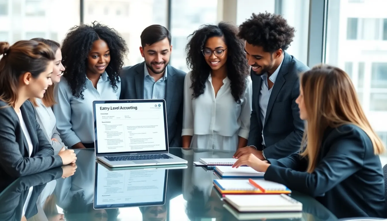 young professionals reviewing an entry-level accounting resume in a modern office setting.