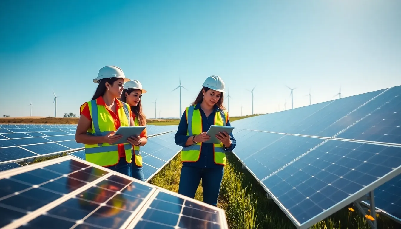 engineers discussing energy solutions at a solar power farm in the US.