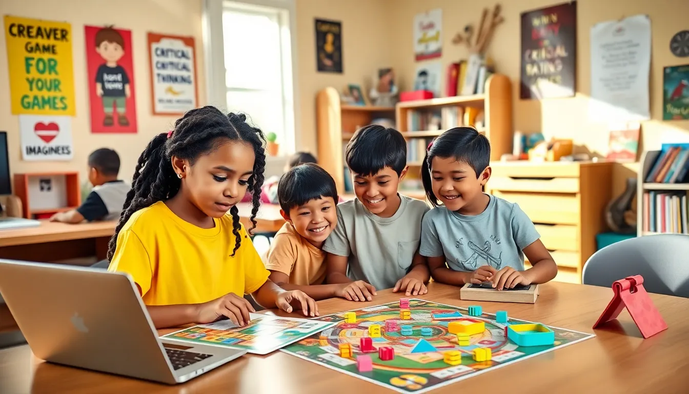 children playing interactive educational games in a bright room.