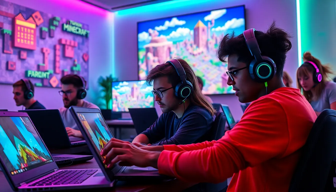 diverse gamers playing Minecraft Redwebzine Java in a modern gaming room.