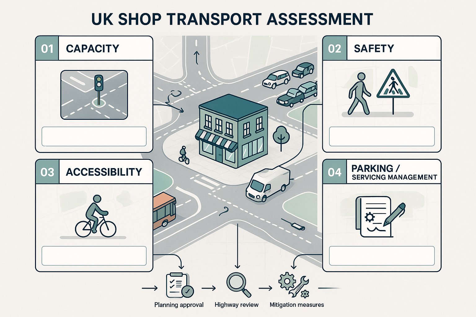 Infographic showing key transport evidence areas for a UK shop planning application.