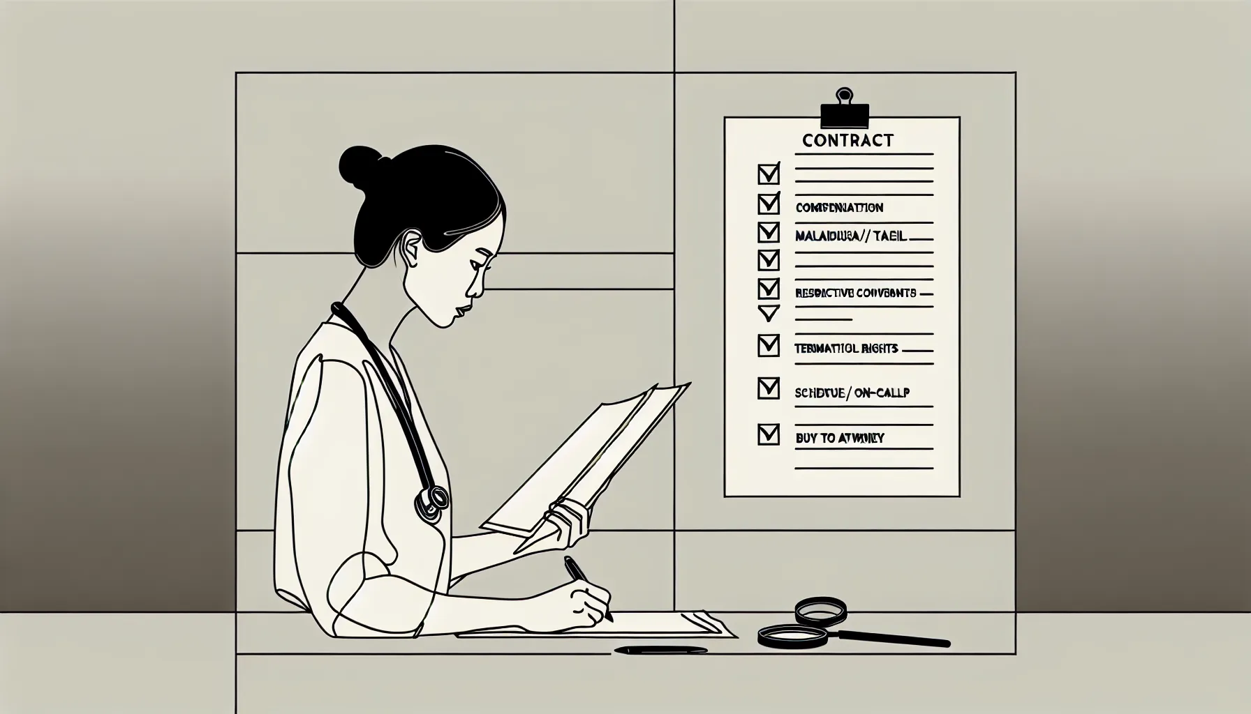 Veterinarian reviewing a contract checklist with Alabama outline in background of Alabama Veterinary Contract Review.