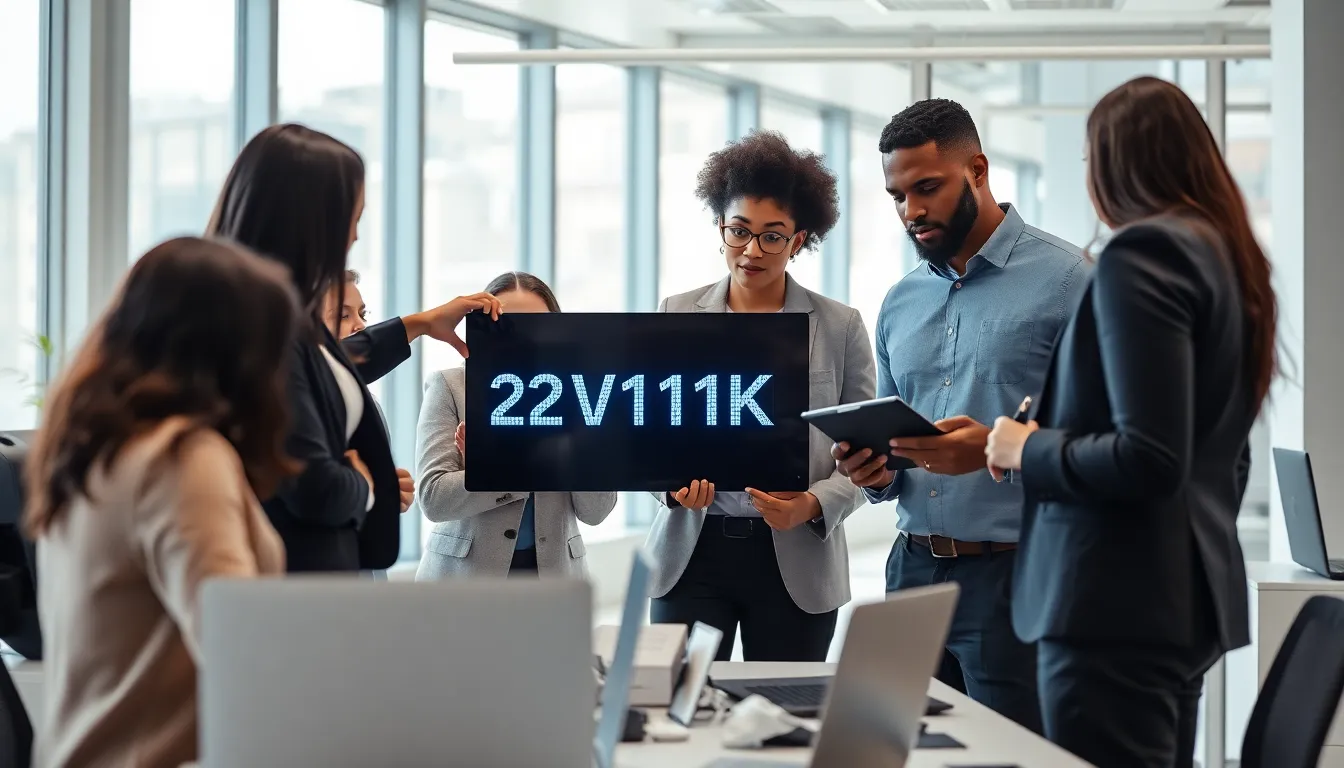 professionals collaborating over a digital interface displaying '22V11KK'.