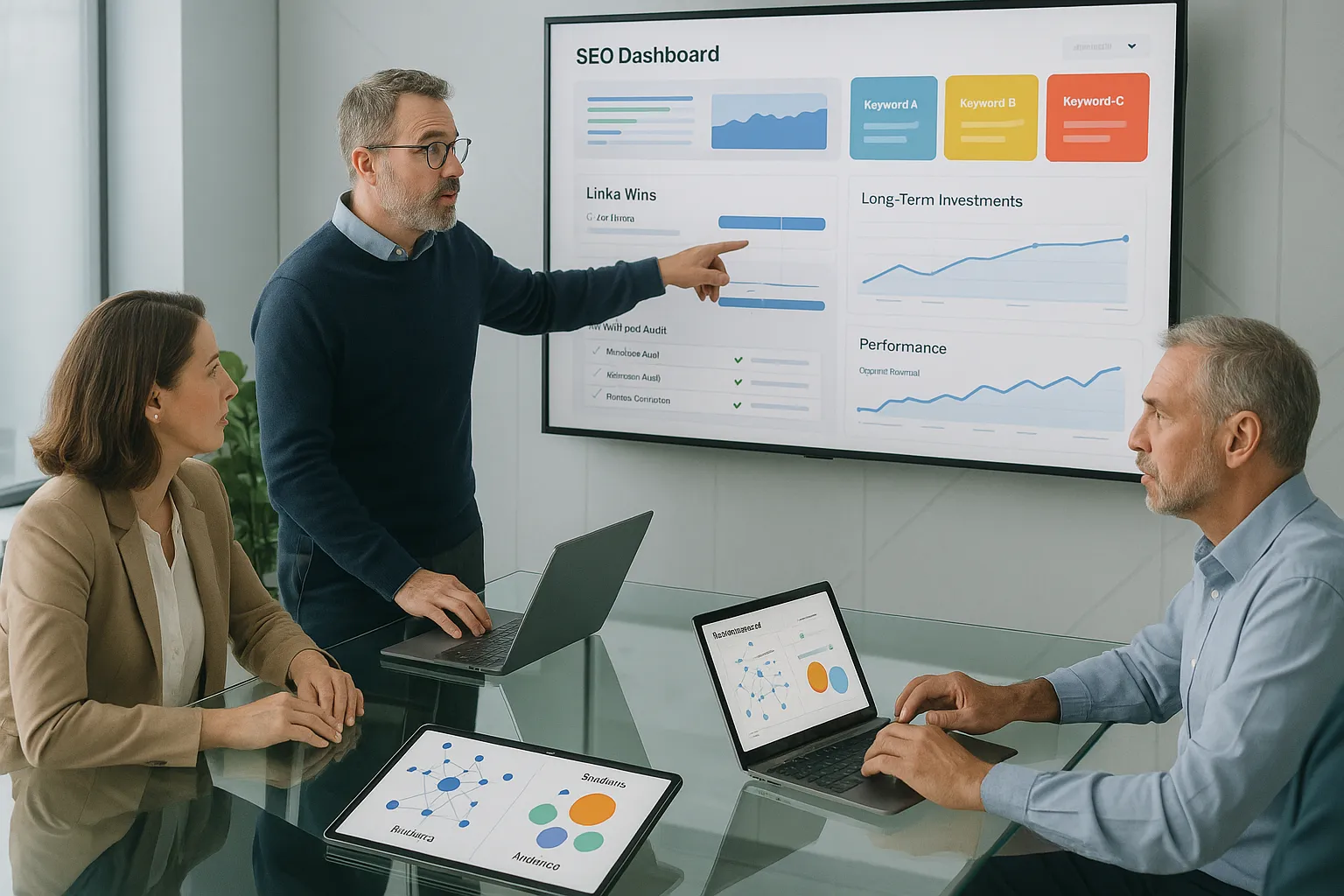 Diverse team reviewing an SEO dashboard and roadmap in a modern office.