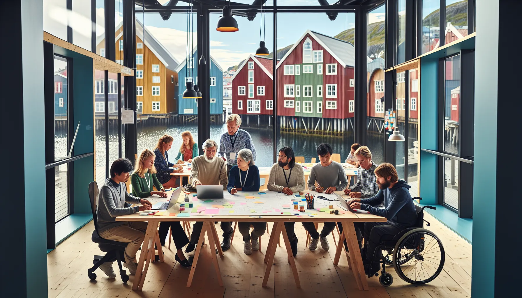 Diverse group in norwegian innovation lab co‑creating measurable social solutions together.