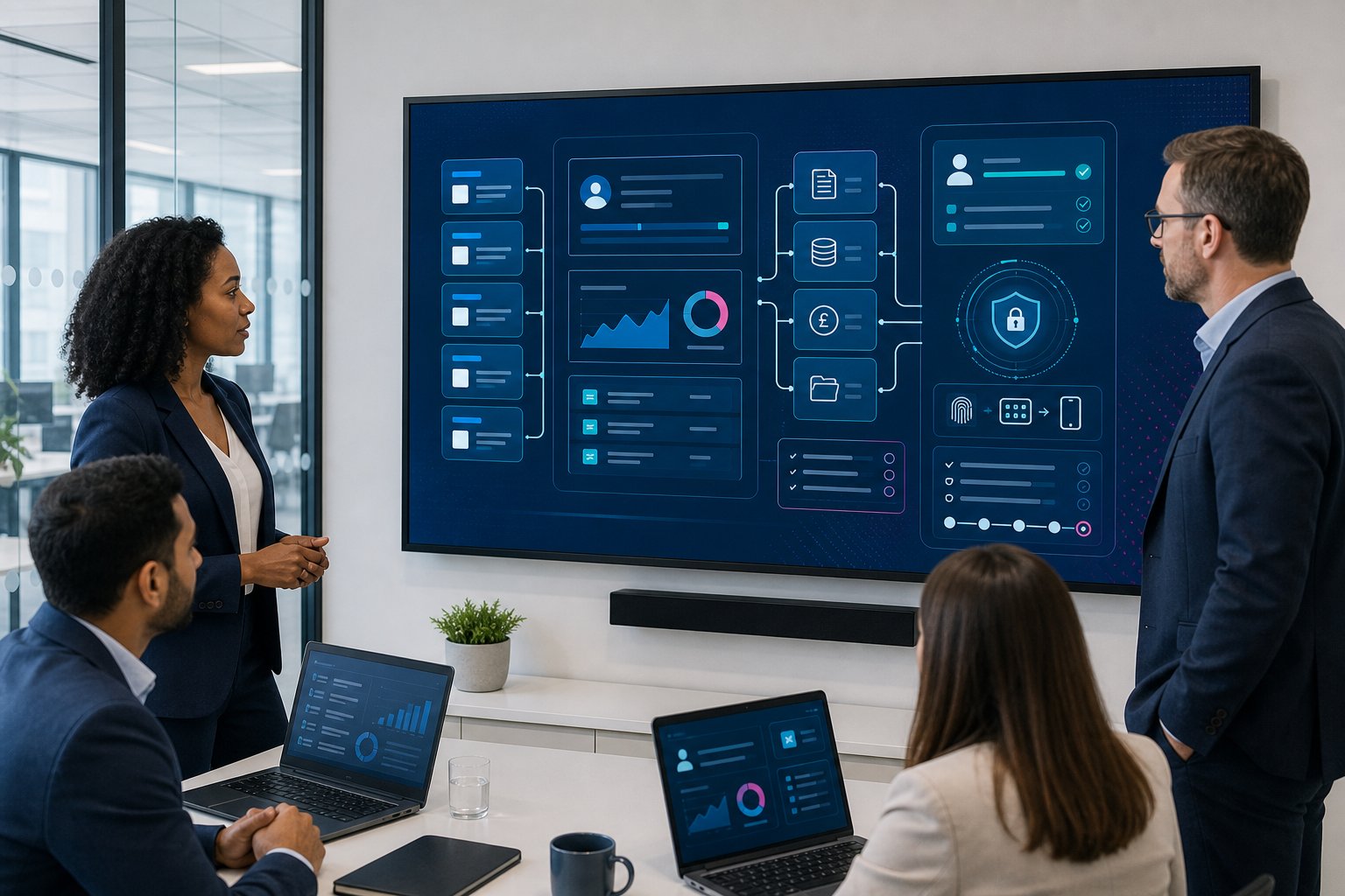 Professionals reviewing secure client portal integrations in a modern office.