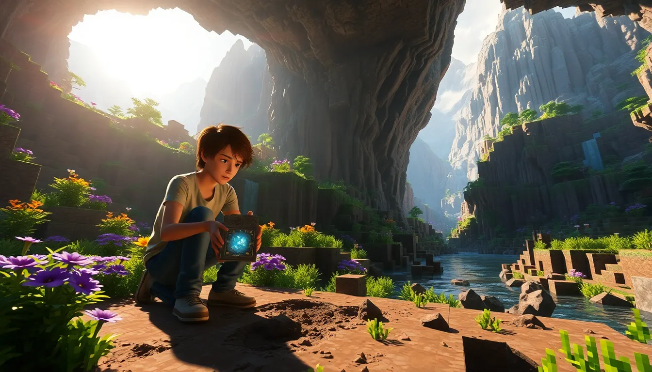 a player exploring a colorful Minecraft cave filled with plants and artifacts.