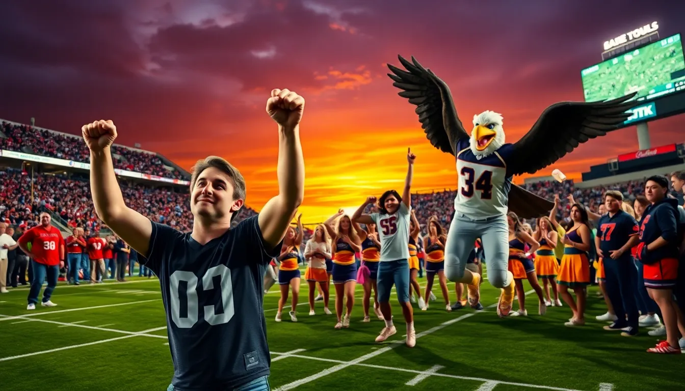 fans celebrating an unexpected victory at a football game during sunset.