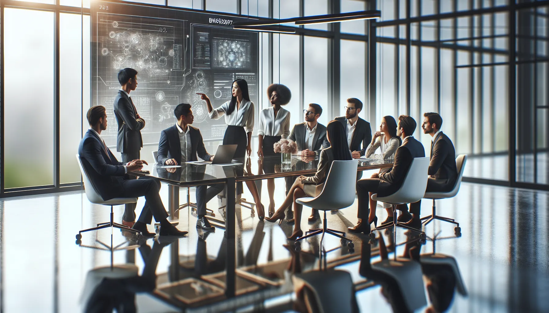 diverse professionals collaborating on future tech innovations.