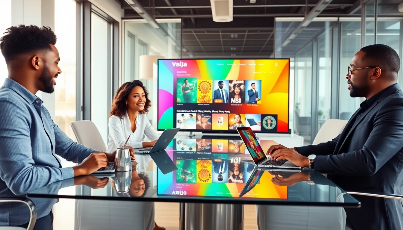 professionals discussing Val9ja music in a modern office environment.