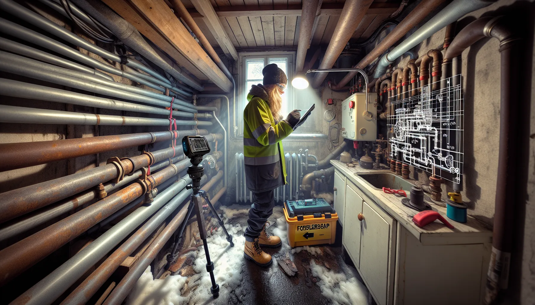 Engineer scans old pipes and checks flow, pressure, and materials in norway.
