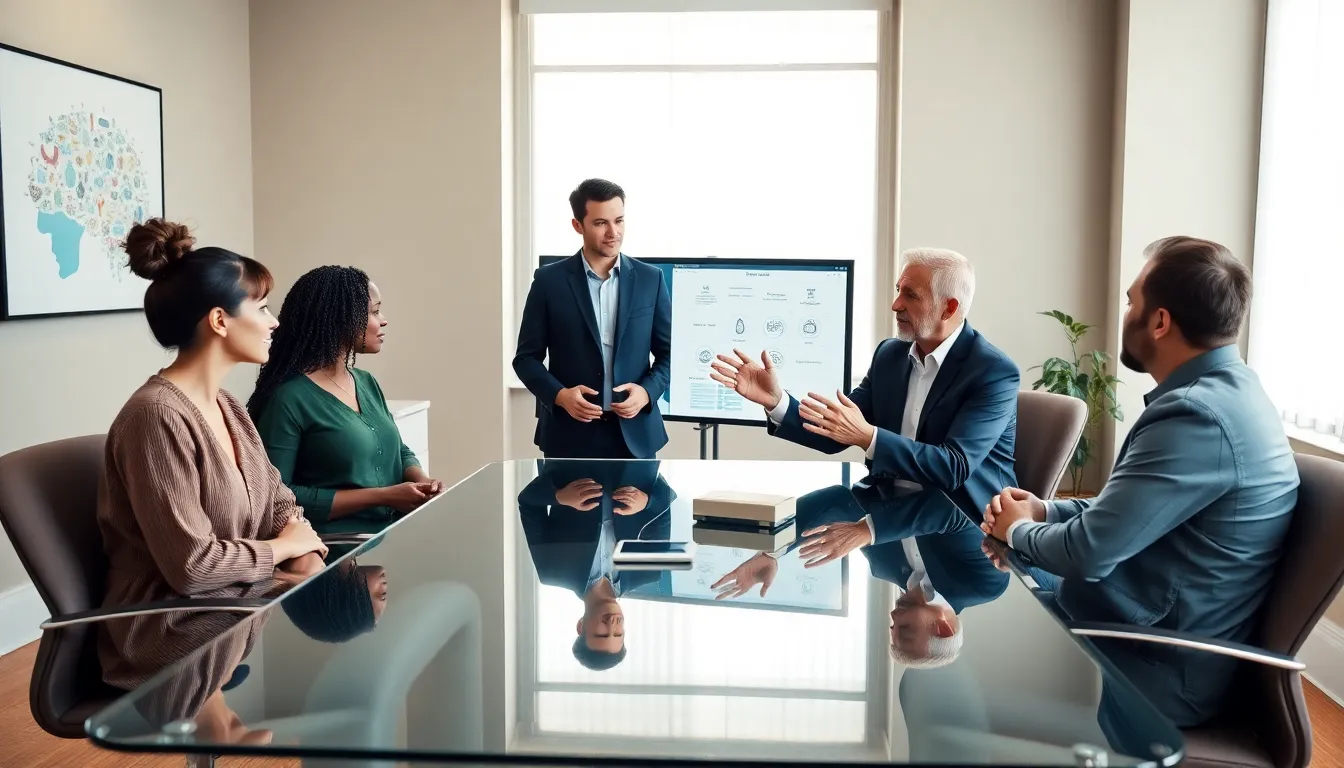 team of mental health professionals collaborating in a modern therapy setting.
