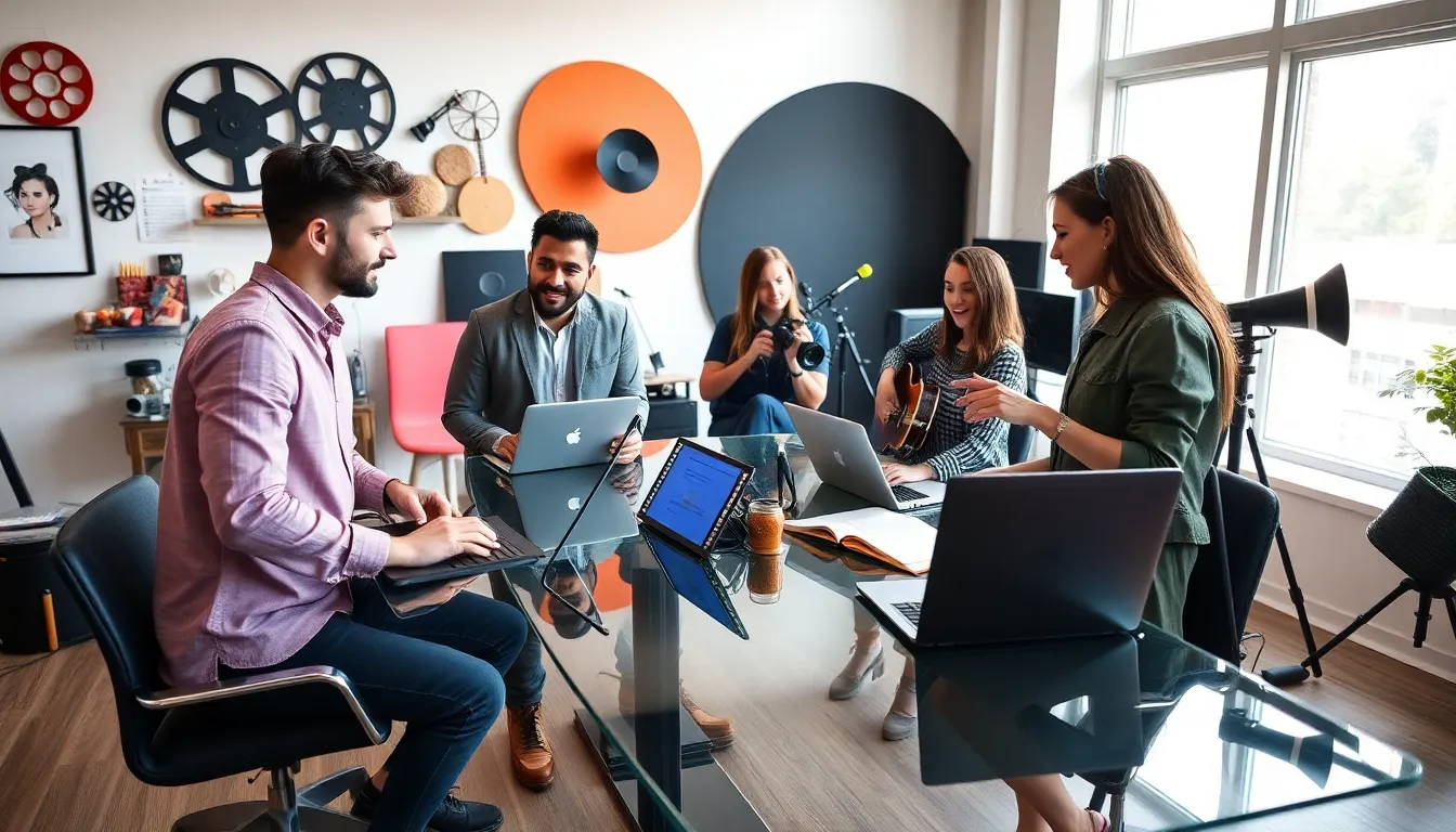 diverse group discussing in a creative workspace for the entertainment industry.