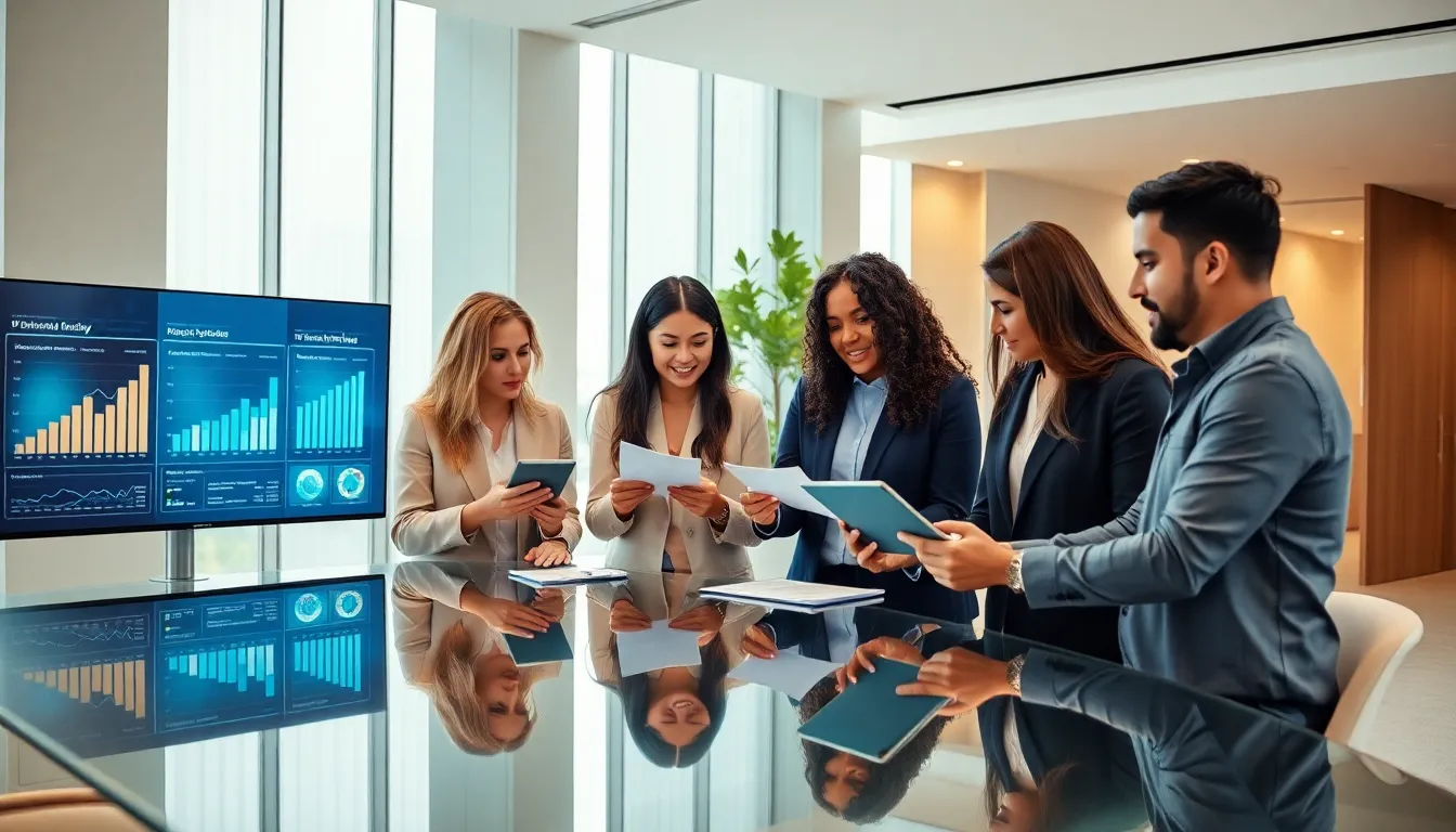 diverse professionals discussing technology in a modern office.