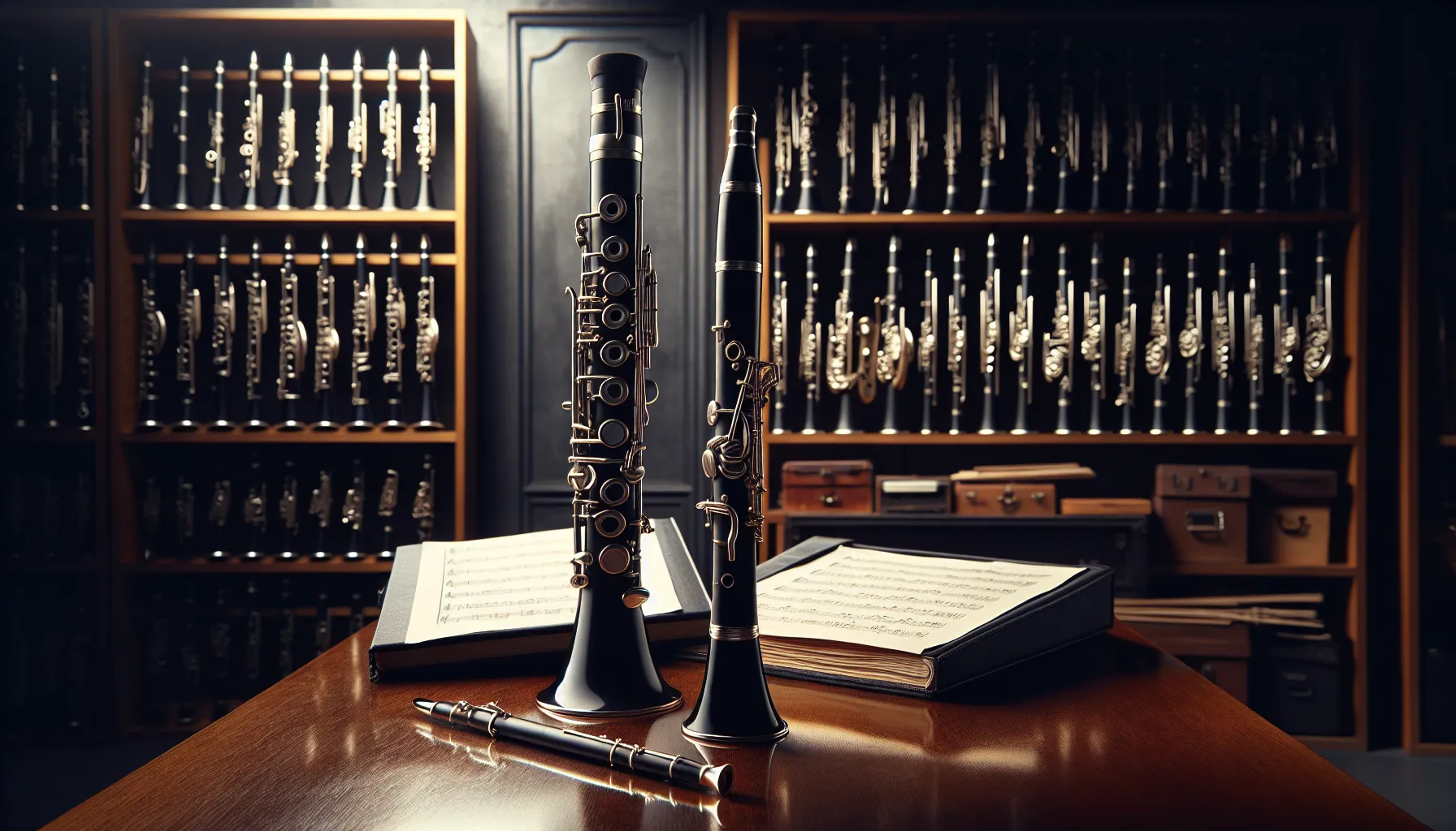 A clarinet and an oboe displayed on a wooden surface in a warm-lit room.