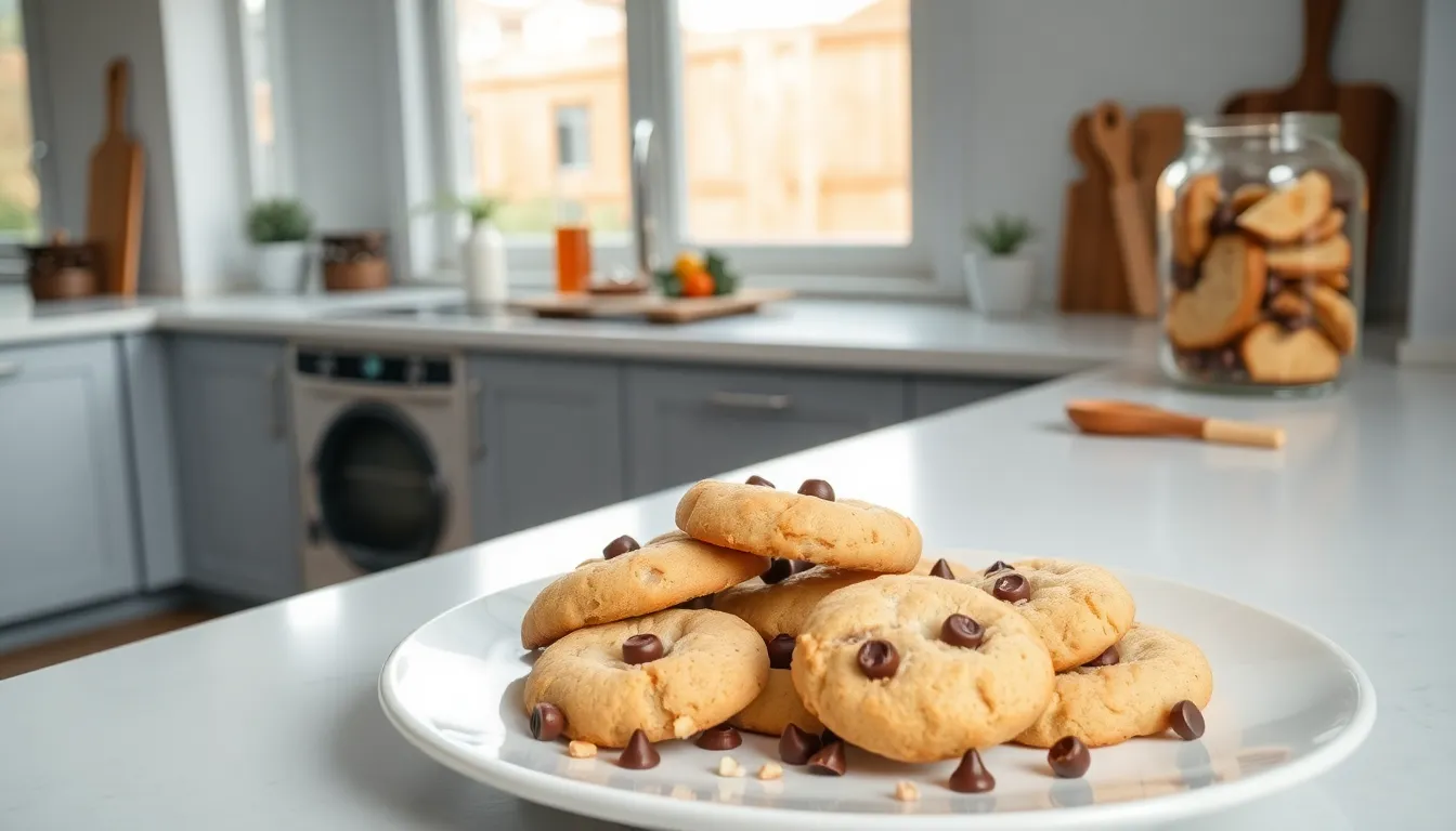 assorted bread cookies on a white plate in a modern kitchen.