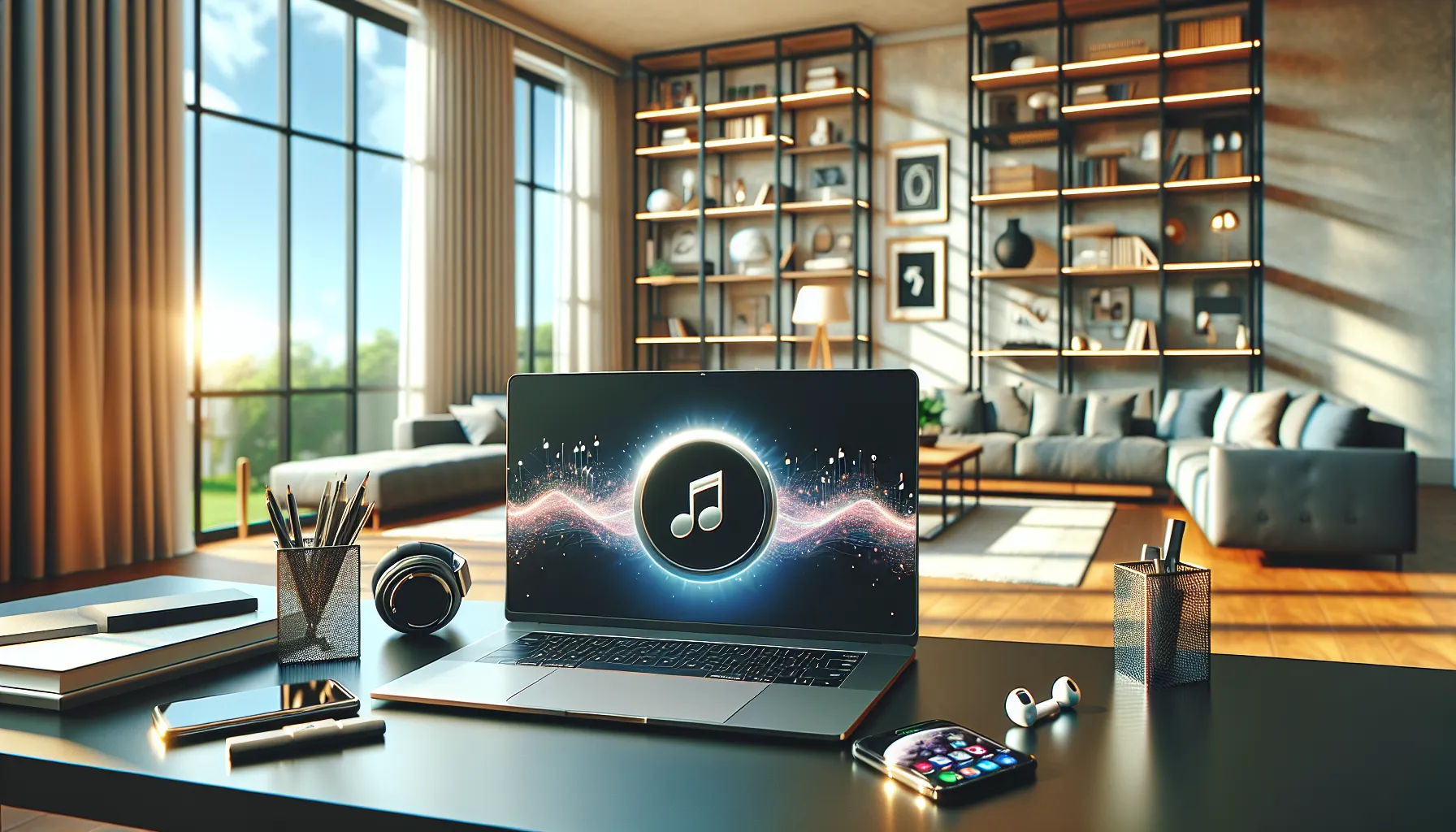 Apple devices and a laptop displaying Apple Music in a stylish home office.