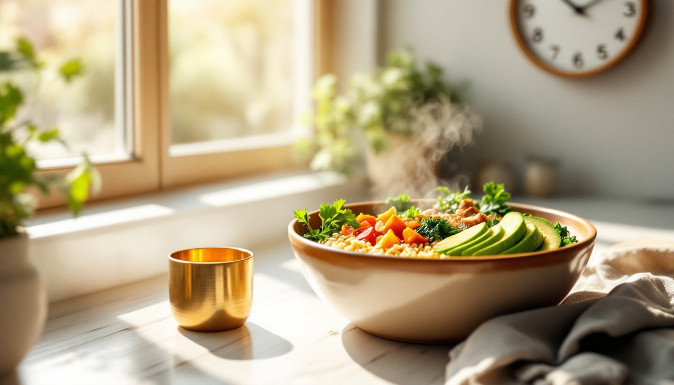 A colorful midday lunch bowl on a sunlit kitchen counter near a clock showing noon.