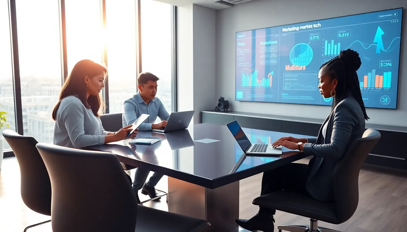 diverse team collaborating on marketing technology in a modern office.