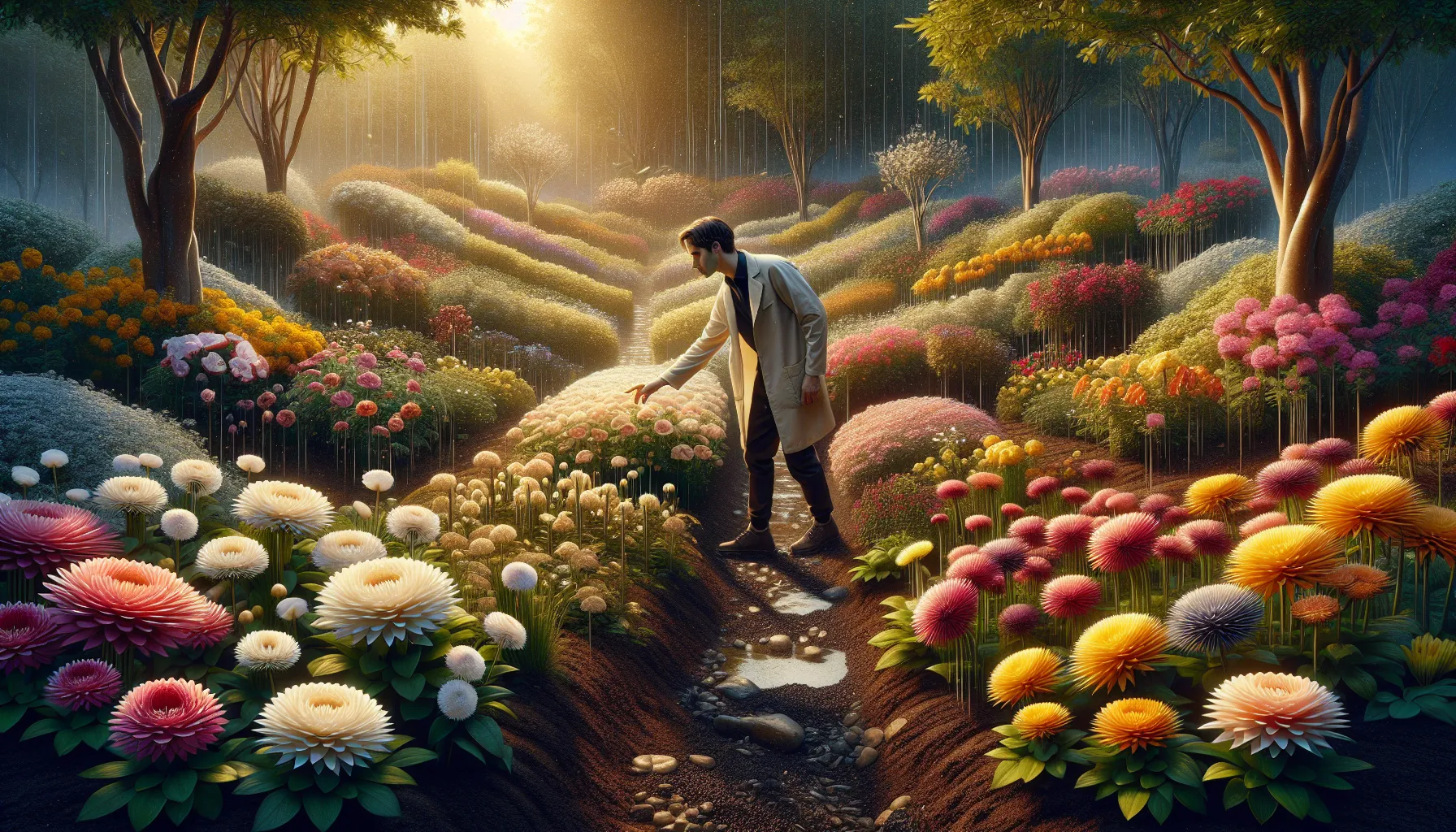 gardener inspecting vibrant Little Greek Flowers under sunlight.