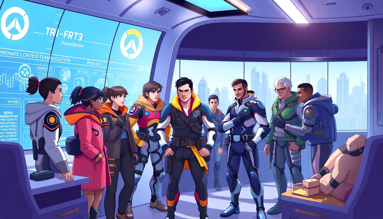 diverse Overwatch heroes collaborating in a futuristic command center.