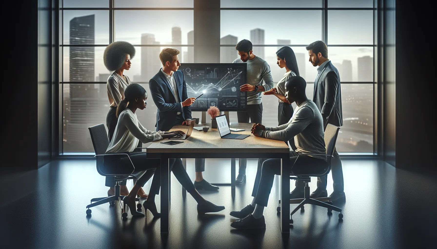 diverse team collaborating around the Alena Wks platform in a modern office.