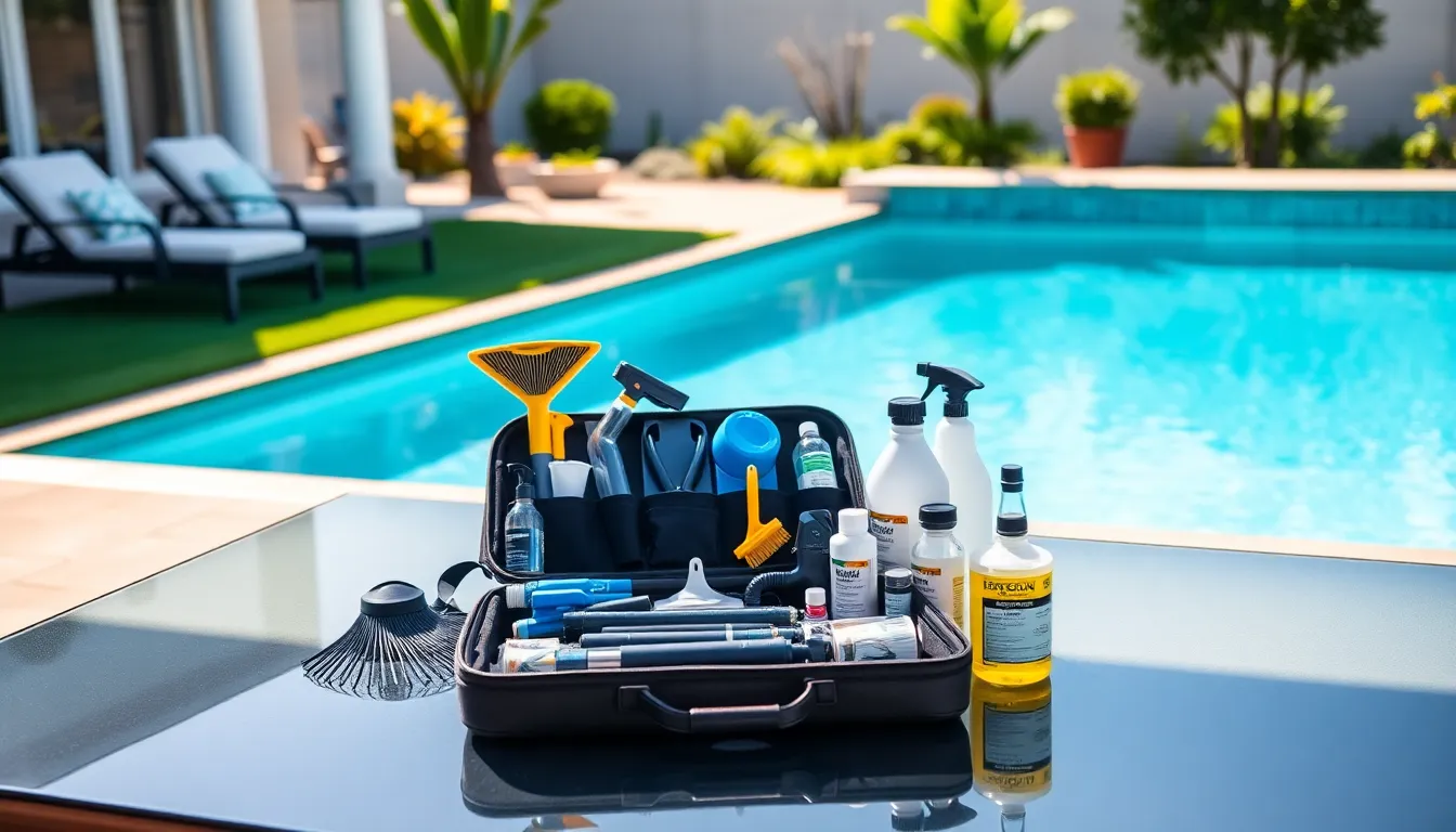 display of a pool maintenance kit near a clean swimming pool.