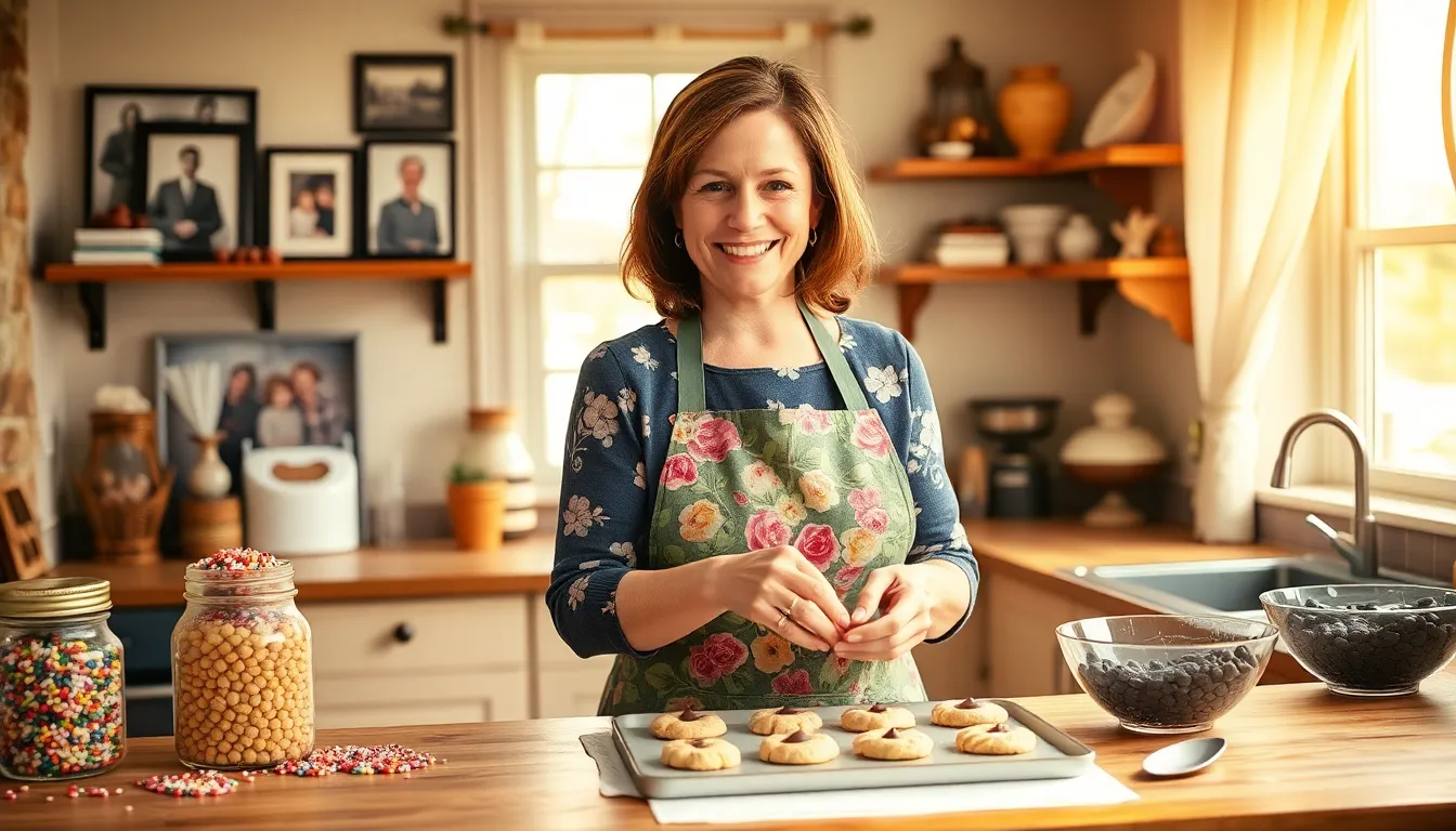 Mary baking cookies in a cozy, rustic kitchen.