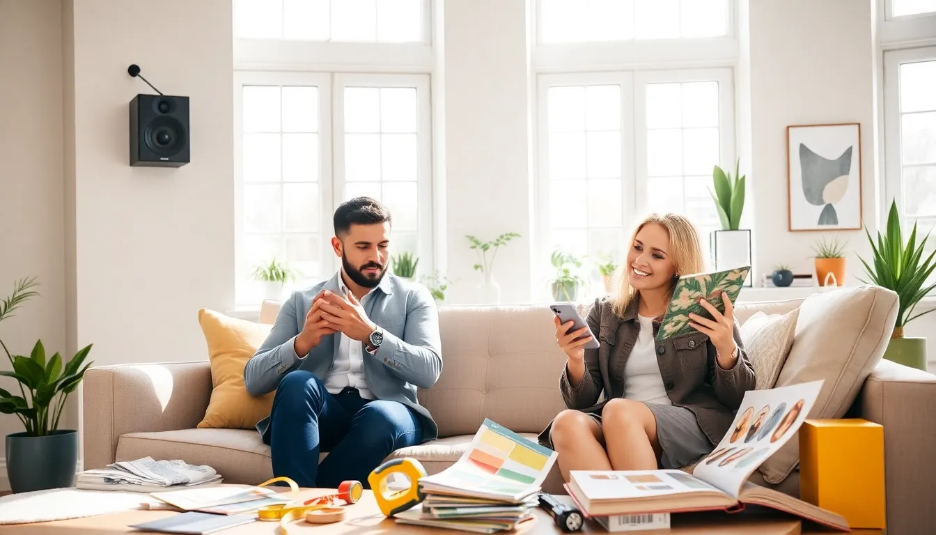 diverse professionals enjoying a home improvement podcast in a stylish living room.