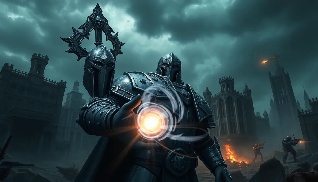 A Grey Knight in armor wielding psychic powers on a war-torn battlefield.