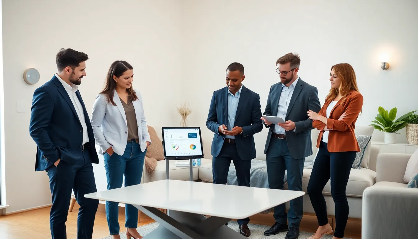 diverse team discussing home automation technology in a modern living room.