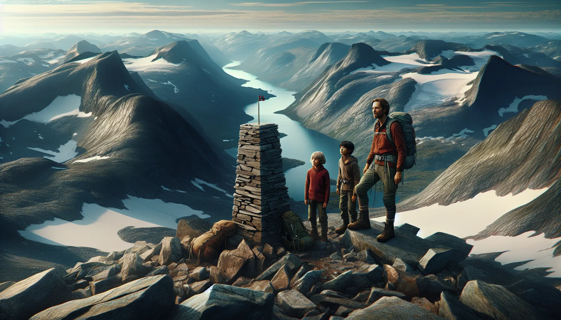 De mest ikoniske fjelltoppene å bestige i norge 3 Family at a jotunheimen summit overlooking glaciers, sharp peaks and turquoise lakes.