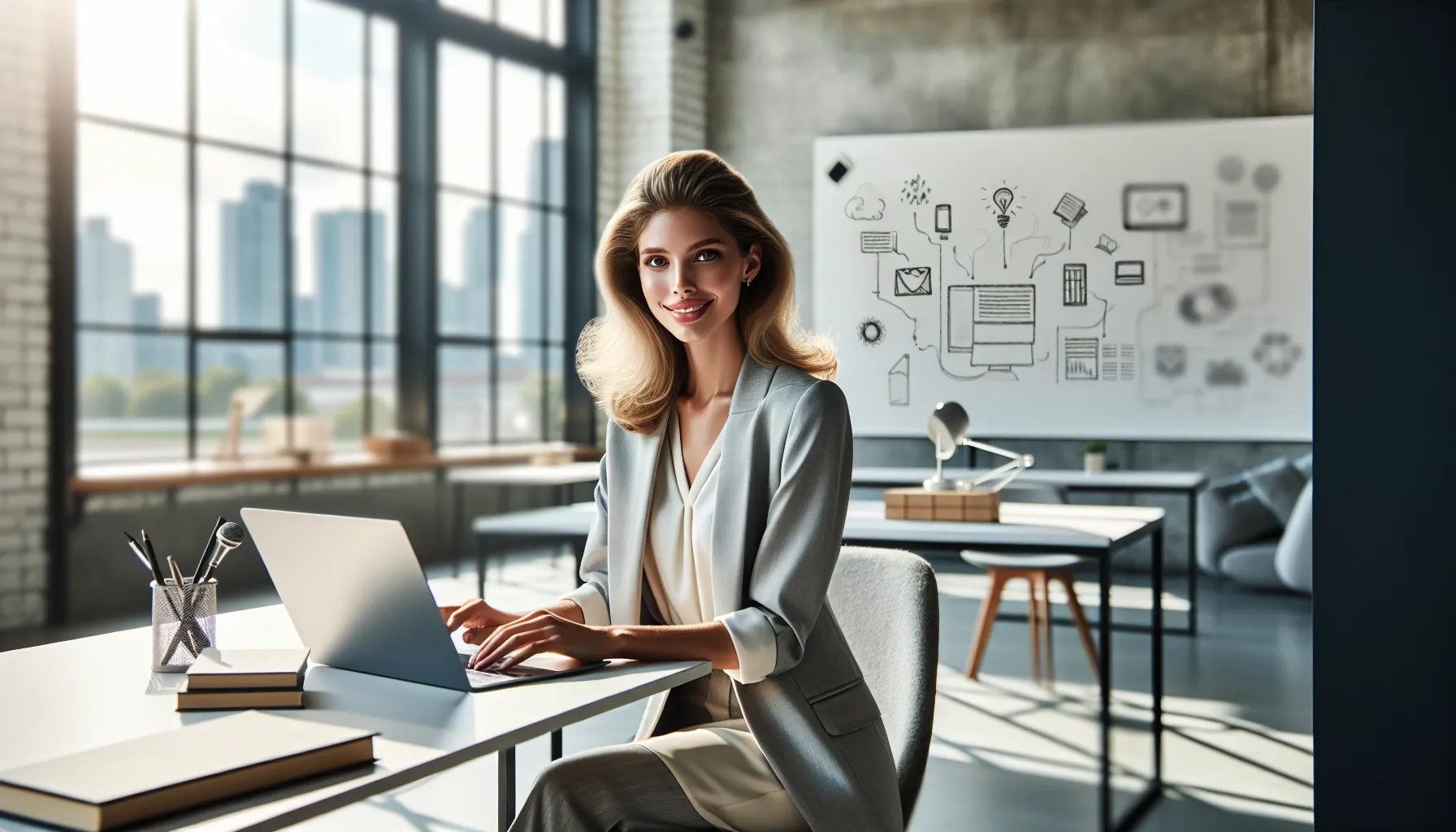 Evangelineh88 in a modern office, preparing for future creative projects.