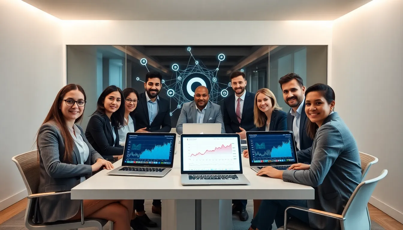 team discussing Bitclassic cryptocurrency in a modern office.