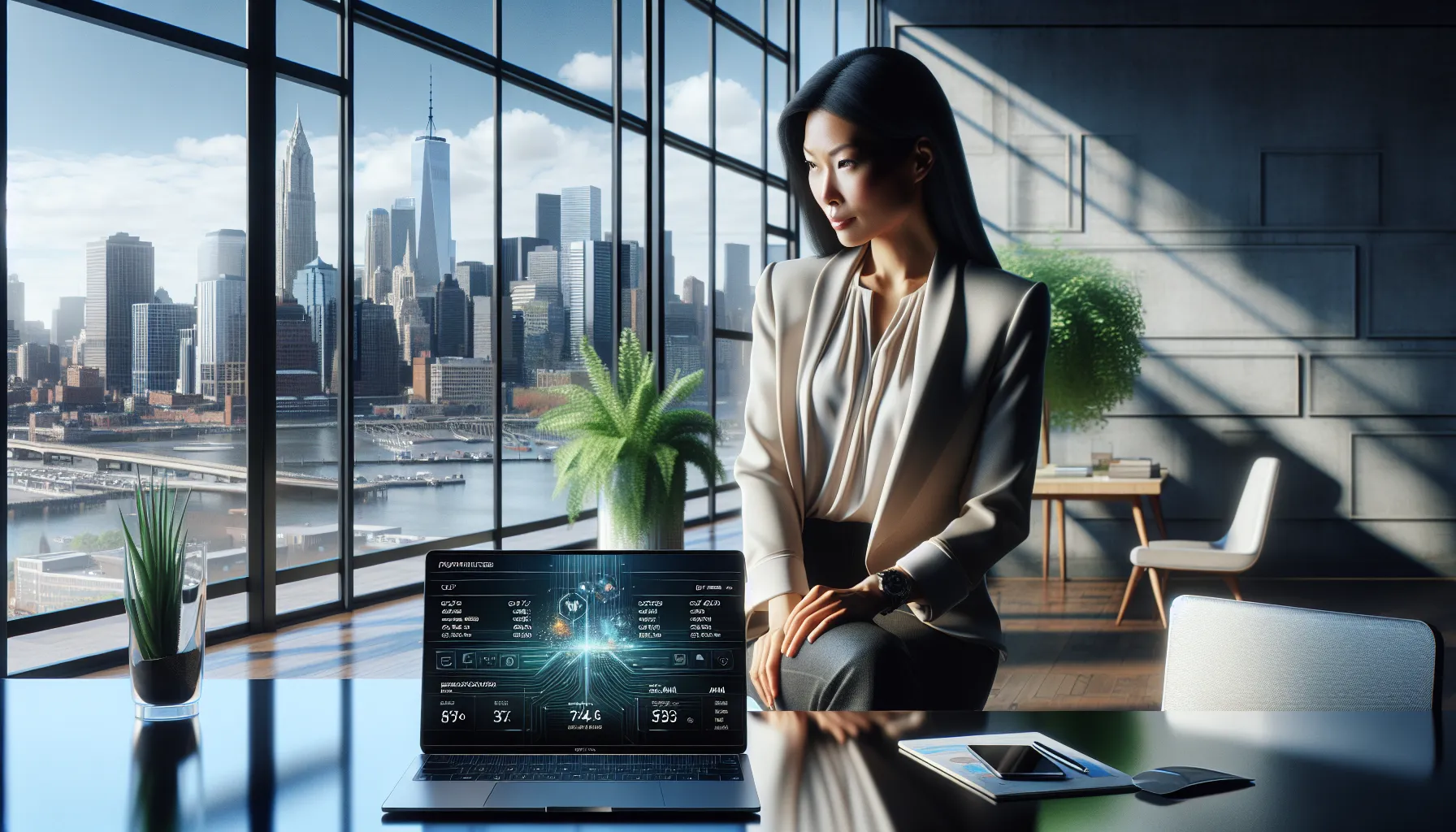 professional reviewing laptop specifications in a modern office.