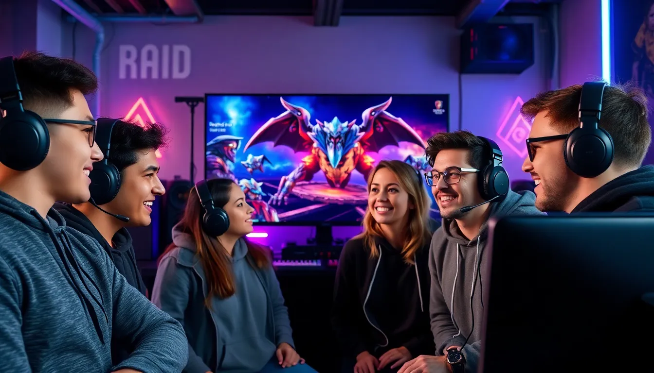 diverse team engaging in an intense video game raid.