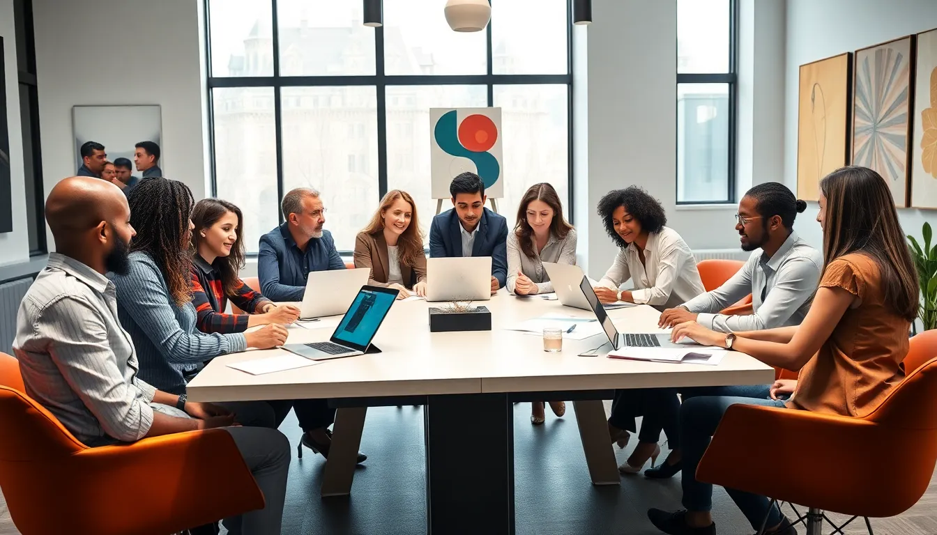 diverse team collaborating in a modern office about digital publishing.