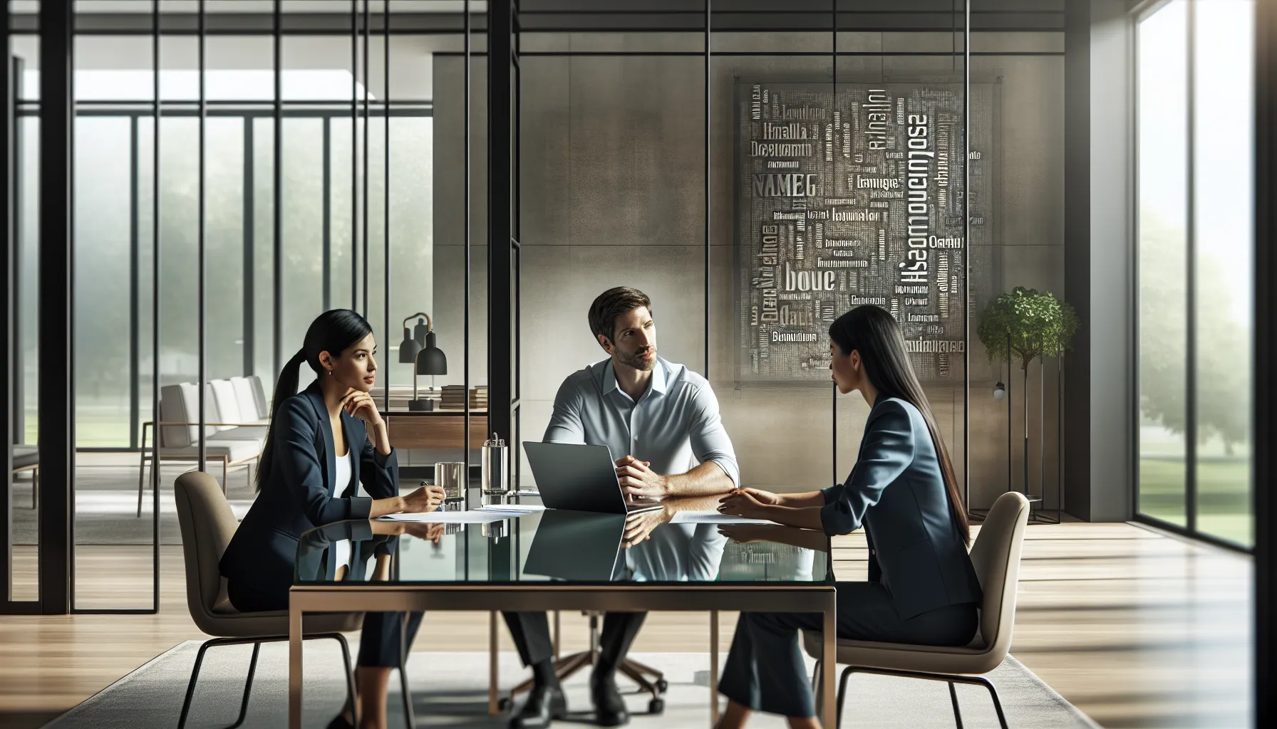 Diverse team discussing names and their meanings in a modern office.