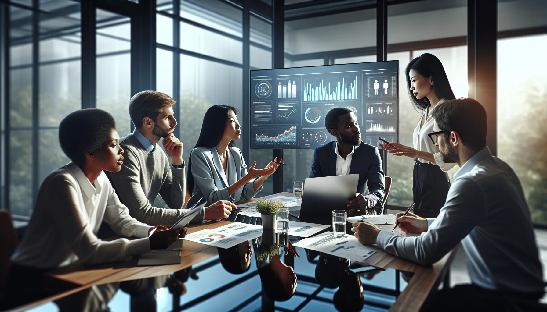 diverse team discussing in a modern office setting with a digital monitor.