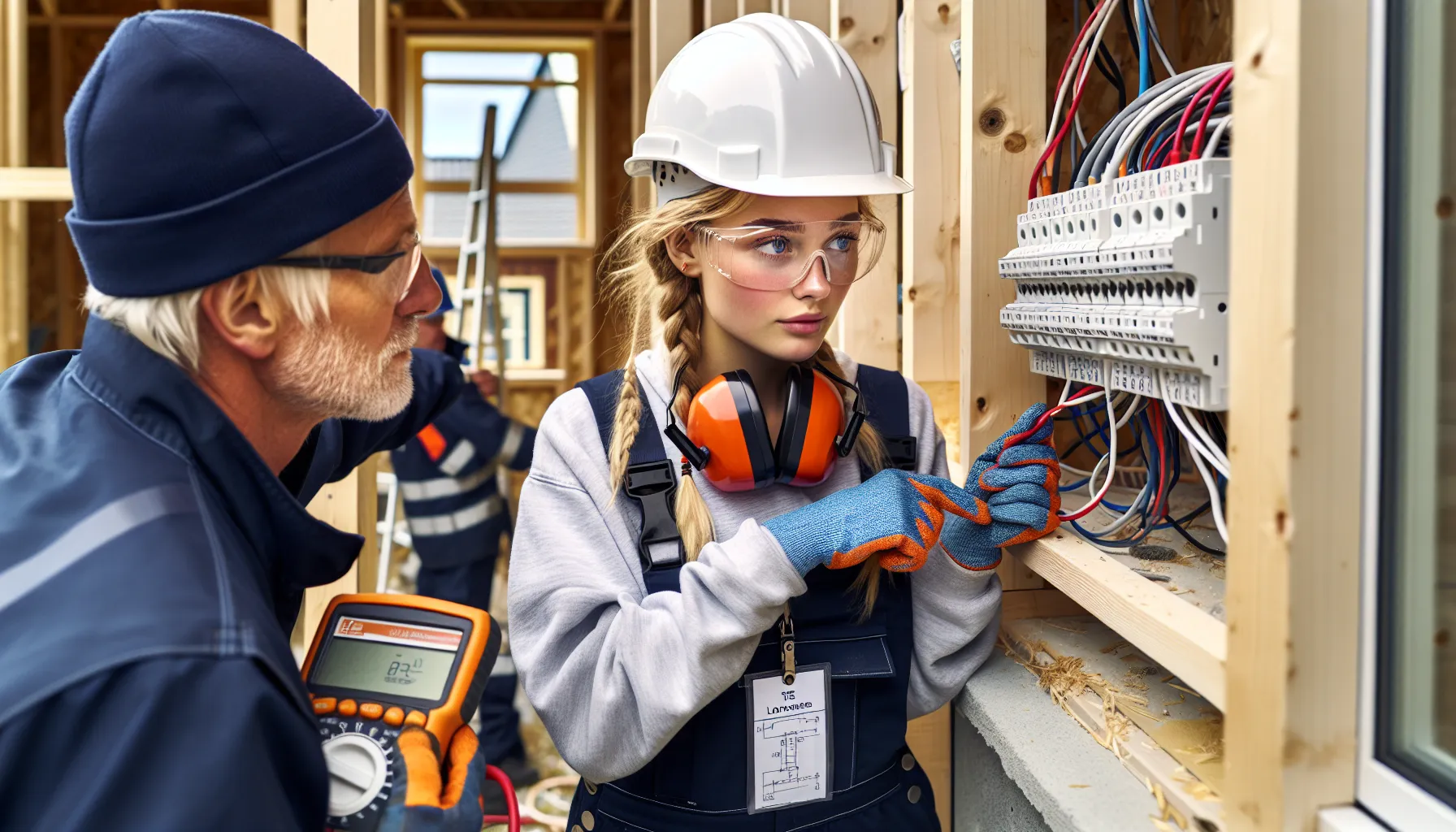 Norwegian apprentice electrician wires a panel under mentor’s guidance on site.