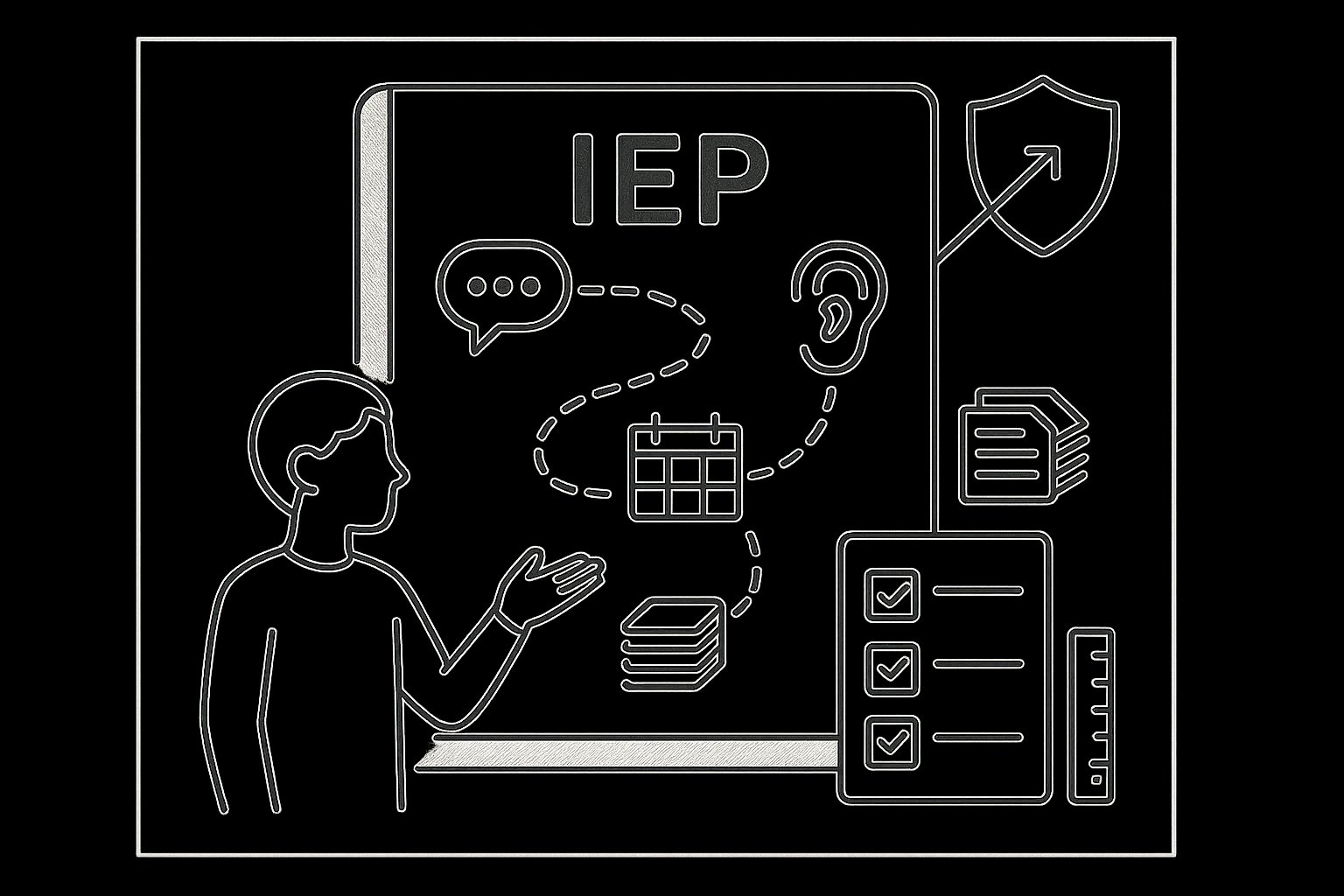 Line art of an IEP roadmap document with student silhouette and milestone icons. - IEP For High-Functioning Autism A Practical Guide To Support Rights And Transition 2026