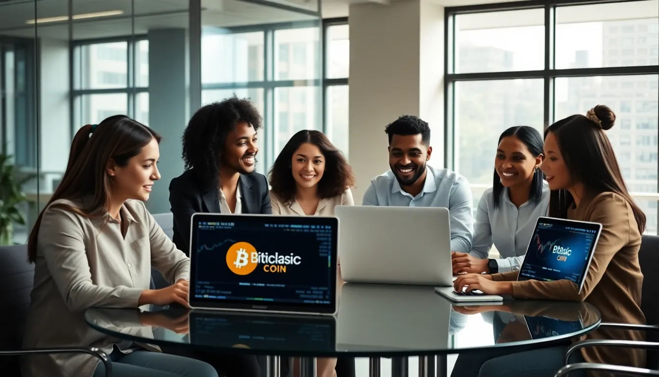 diverse team collaborating on cryptocurrency in a modern office.