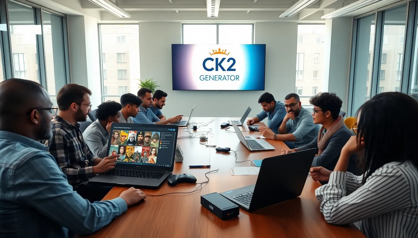 A diverse team exploring the CK2Generator tool in a modern office.