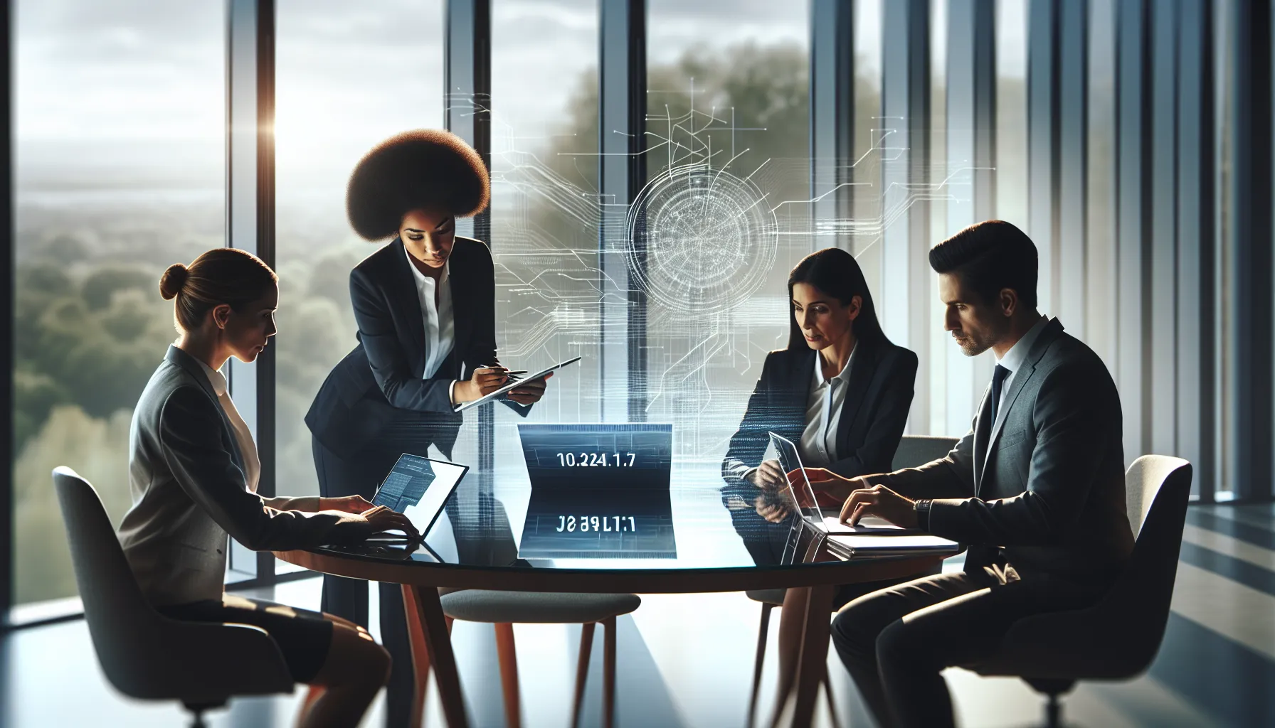 IT professionals discussing network security in a modern office setting.