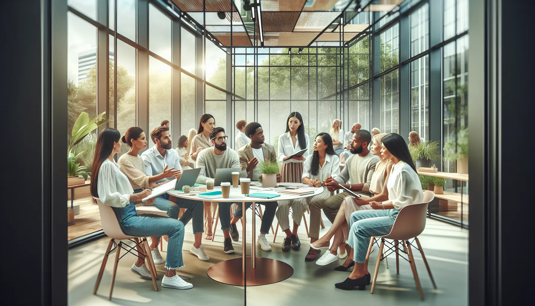 diverse parents discussing parenting strategies in a bright office space.