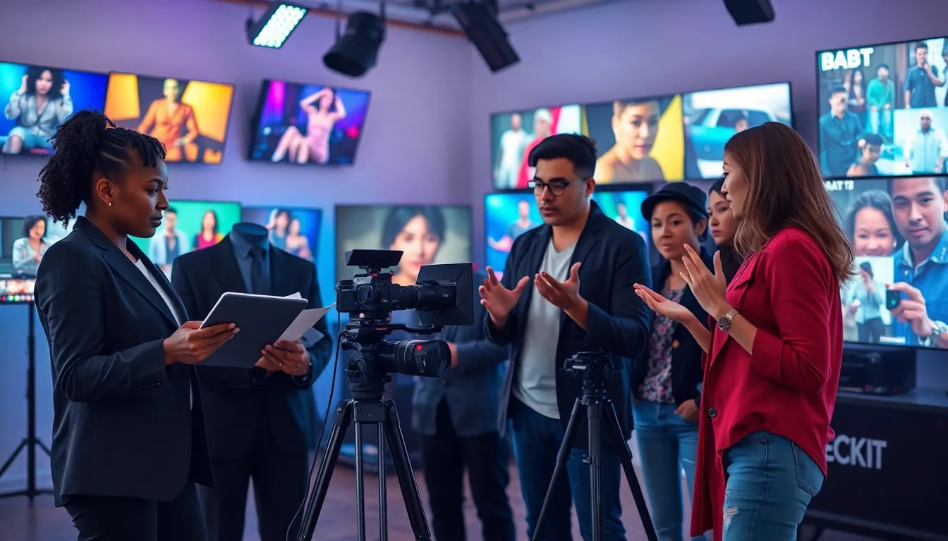 professionals collaborating on a music video production in a modern studio.