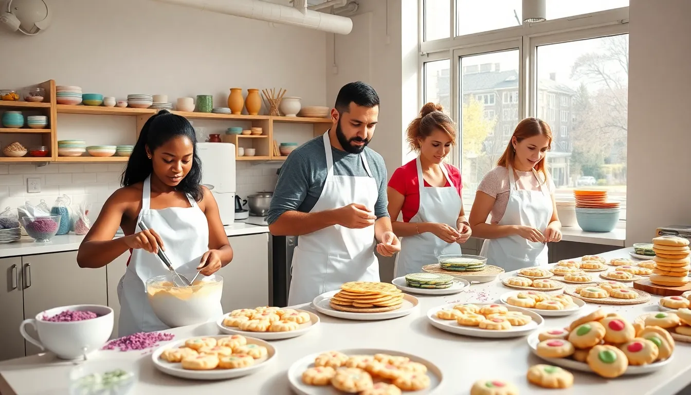 diverse bakers in a modern kitchen decorating cookies.