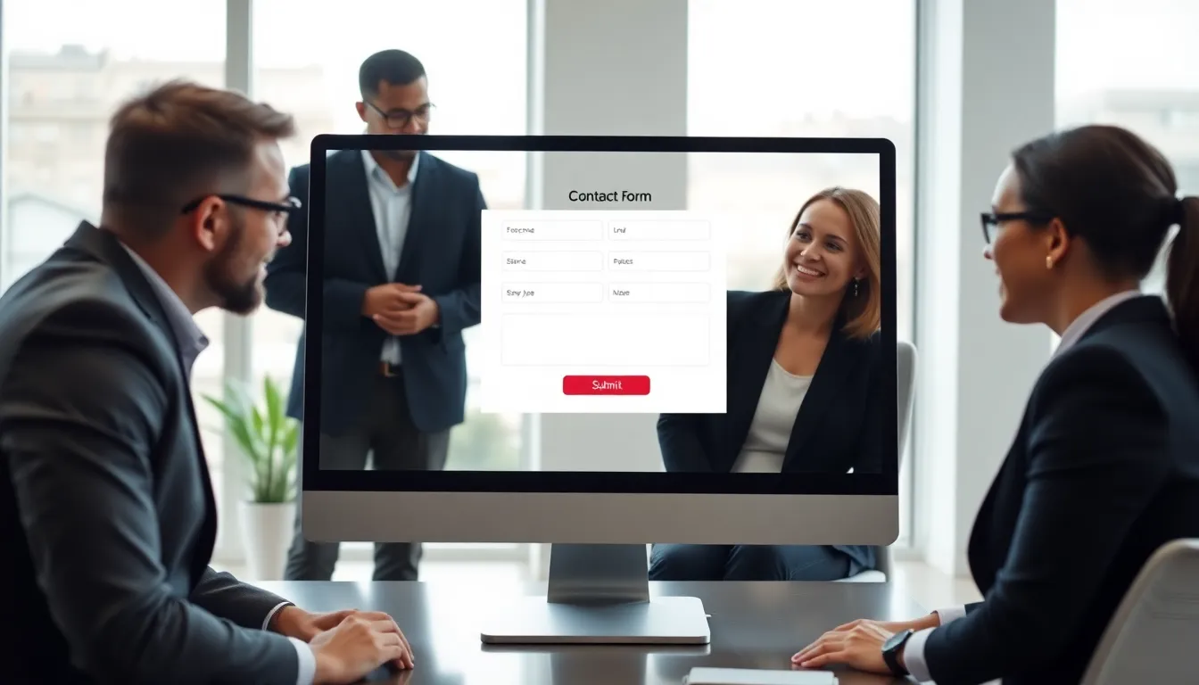 diverse team discussing a website contact form in a modern office.